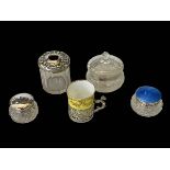 Four silver mounted toilet jars, one the blue enamel, and ornate silver mounted coffee can (5).
