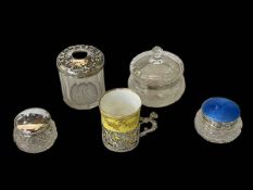 Four silver mounted toilet jars, one the blue enamel, and ornate silver mounted coffee can (5).