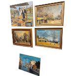 Five Cavan Corrigan (British B1942) oil paintings, three in gilt frames, two unframed.