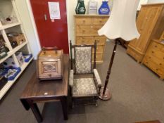 Mahogany drop leaf dining table with two frieze drawers, Victorian American rocker,