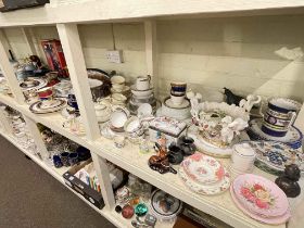 Doulton figures, Maling plate, Crown Derby plates, various tea china, ornaments, etc.