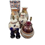 Oriental stick stand, pair of vases, table lamps, Royal Doulton planter, glass candlesticks.
