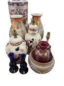 Oriental stick stand, pair of vases, table lamps, Royal Doulton planter, glass candlesticks.