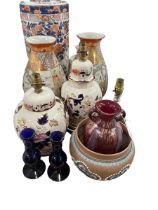 Oriental stick stand, pair of vases, table lamps, Royal Doulton planter, glass candlesticks.