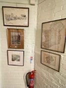 Gilt framed Whitby watercolour, J Degnan Richmond print, Backhouse & Co print and two map prints.