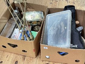 Two boxes of metalwares, porcelain, costume jewellery, tins, football programme, etc.