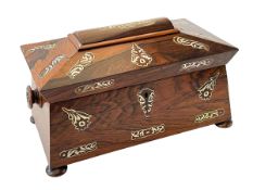 Victorian rosewood mother of pearl inlaid three compartment caddy, 32cm wide.