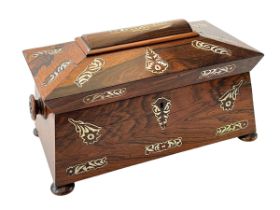 Victorian rosewood mother of pearl inlaid three compartment caddy, 32cm wide.