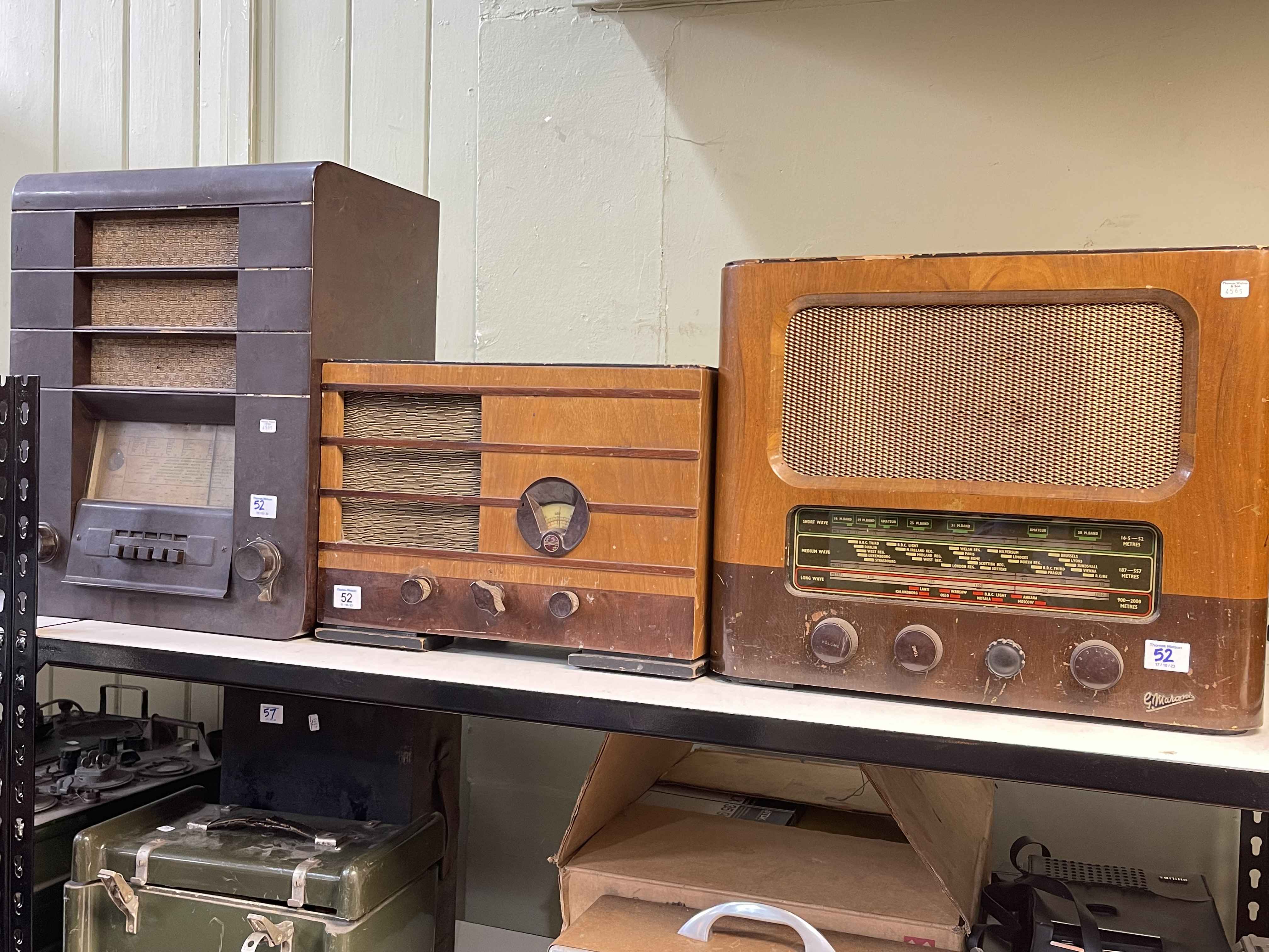 Three vintage radios including Philips and Marconi.