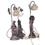 Three figure table lamps with glass shades.