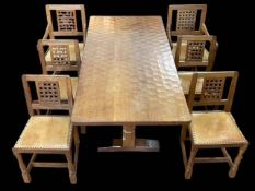 Robert Thompson of Kilburn 'Mouseman' adzed oak refectory dining table and six lattice panel back