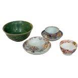 Chinese green glazed bowl, three tea bowls, two with saucers.