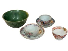 Chinese green glazed bowl, three tea bowls, two with saucers.