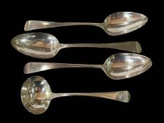 Three George III silver tablespoons and silver ladle (4).