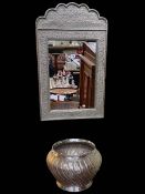 Middle Eastern silvered mirror and a silver plated jardiniere.