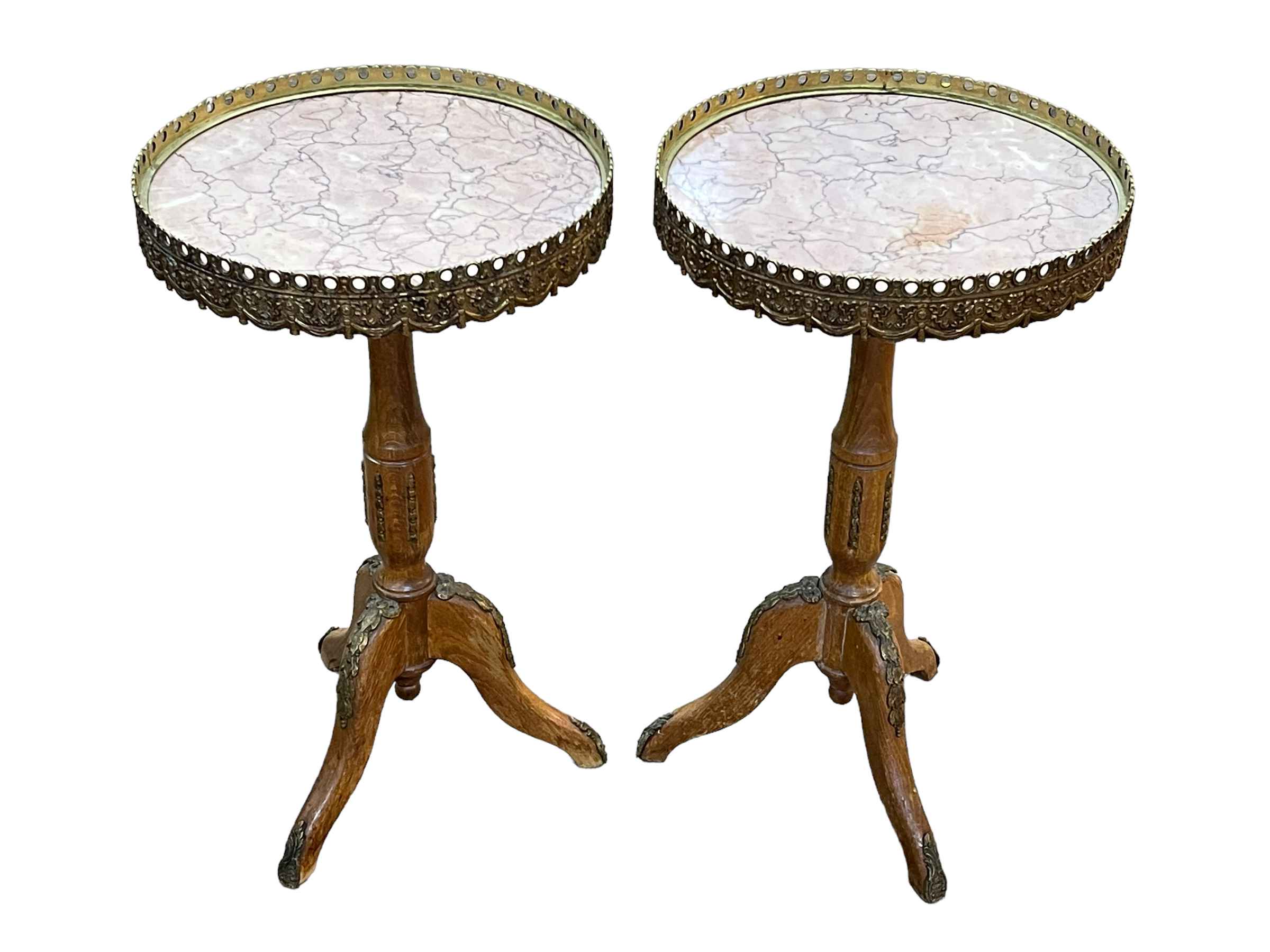 Pair Continental marble inset top and gilt mounted tripod wine tables, 57.5cm by 34cm diameter.