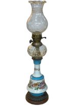 Vintage porcelain columned etched glass oil lamp, 73cm.