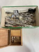 Box inc silver, hat pins (In the manner of Charles Horner), flatware, etc.