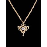Edwardian/1920's sapphire and seed pearl pendant brooch of openwork foliate design, 3.