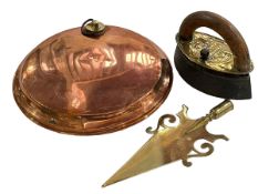 Brass spear head, copper warming pan and iron (3).