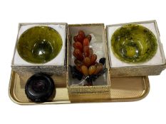 Pair boxed Jade bowls, Jade grapes and wooden stand.