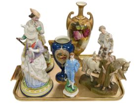 Two Royal Worcester vases, four various figures and Royal Dux Arab and Horse Group.