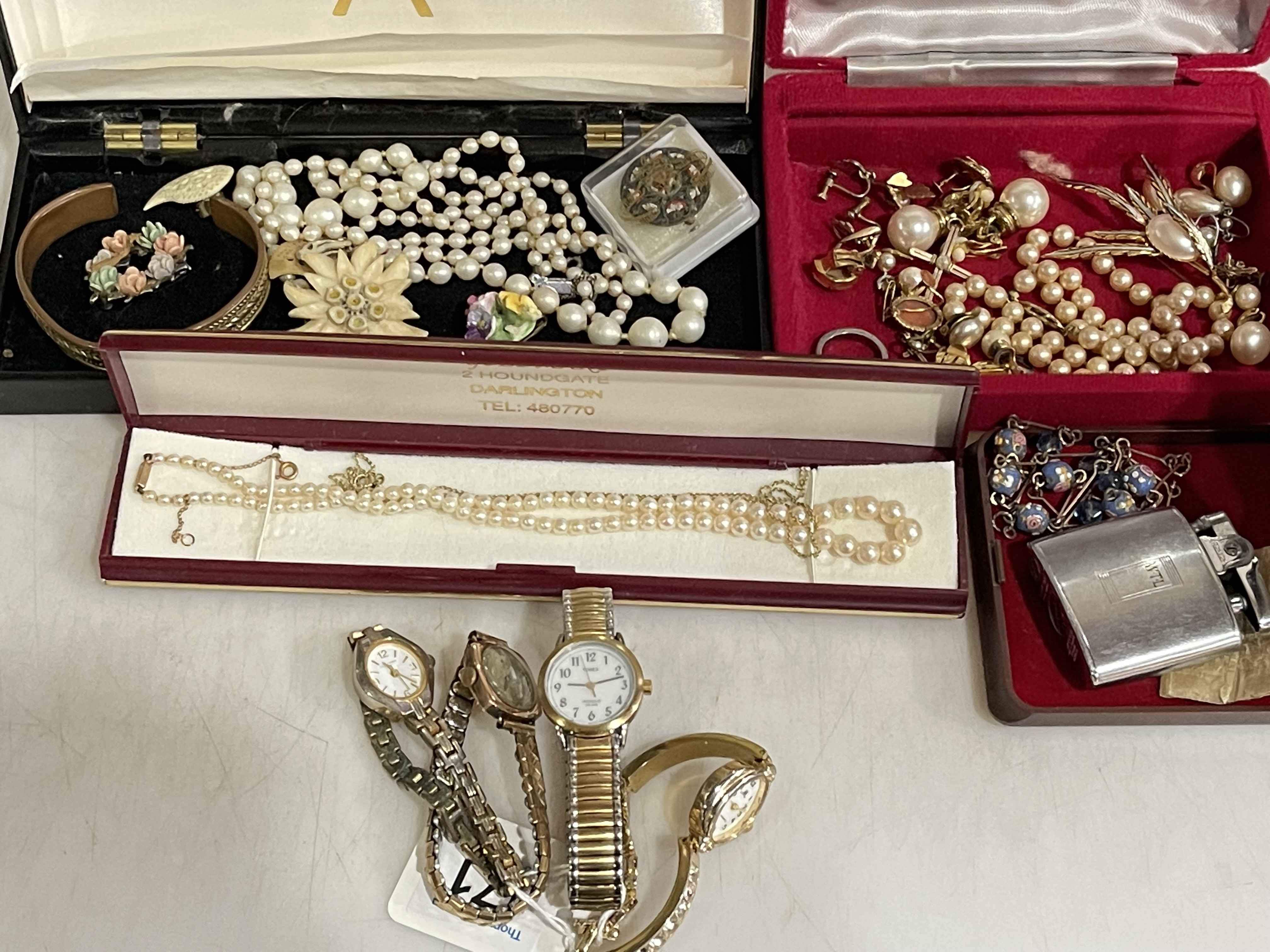 Four wristwatches including one gold, pearl necklace, 9 carat gold St.