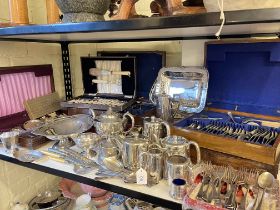 Large collection of silver plate including part canteens, teaware, swing handled basket, etc.