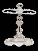 White painted cast iron two division stick stand, 63cm by 45cm.