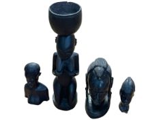 Tribal fertility figure carving, 47cm, and group of three carved bust.