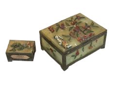 Chinese hardstone box with figure and floral decoration and similar matchbox holder.