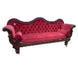 Victorian mahogany double scroll end settee with serpentine arched back in wine coloured deep