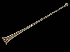 Silver hunting horn by Sampson Mordan & Co, Chester 1911, 30.5cm length.