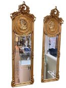 Pair rectangular gilt framed lady portrait bevelled wall mirrors, 178cm by 53cm.