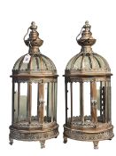 Pair metal glazed hanging hall lanterns.