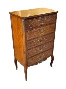 Inlaid rosewood five drawer chest with brass mounts and escutcheons on cabriole legs,