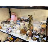Oil lamp, toilet jug and basin, bird ornaments, two fishing reels, tea and coffee wares,