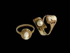 Three 9 carat gold rings, two with cameos and one pearl.