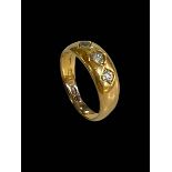 18 carat gold three stone diamond ring, size L.