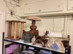 Victorian revolving piano stool, stone pestle and mortar, £5 bag of halfpence pieces, folding table,