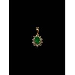 Emerald and diamond cluster pendant set in 18 carat yellow gold, emerald 0.55 carats, diamond 0.