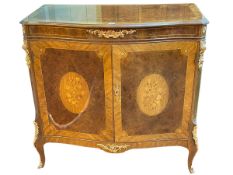 Continental style inlaid and gilt mounted two door serpentine front cabinet, 98cm by 101cm by 53.