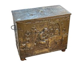 Continental brass figural decorated two handled log box signed A. Arens, 55cm by 75cm by 32cm.