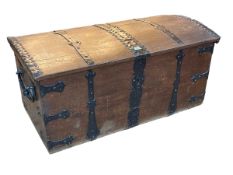 Antique hardwood and iron bound dome top trunk, 47.5cm by 105cm by 51cm.