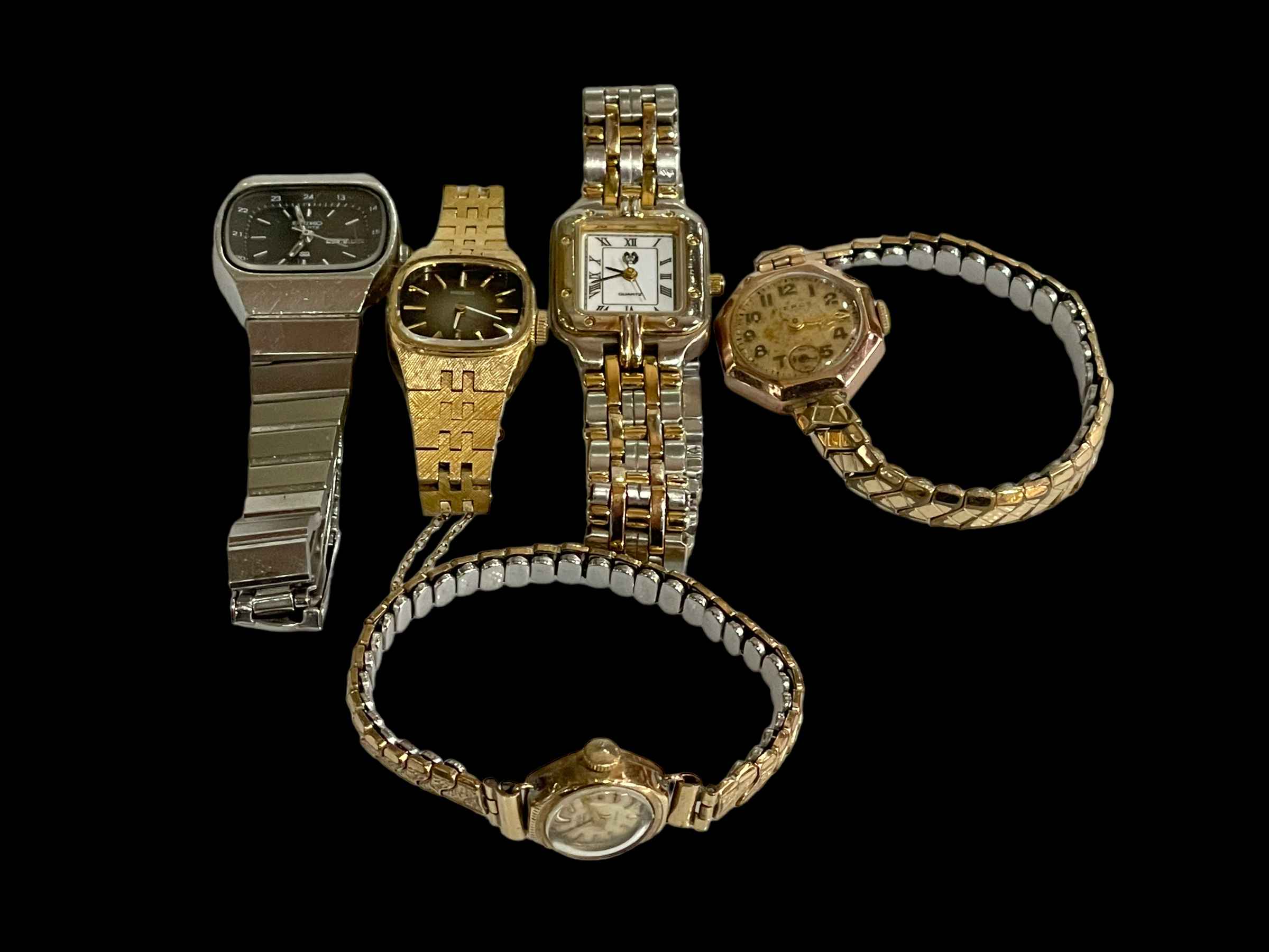 Five ladies wristwatches including two 9 carat gold cased.
