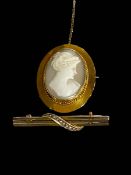 Oval female portrait cameo 9 carat gold brooch with safety chain,