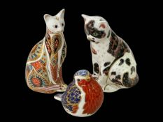 Three Royal Crown Derby paperweights, Mother Cat, Robin and another Cat.