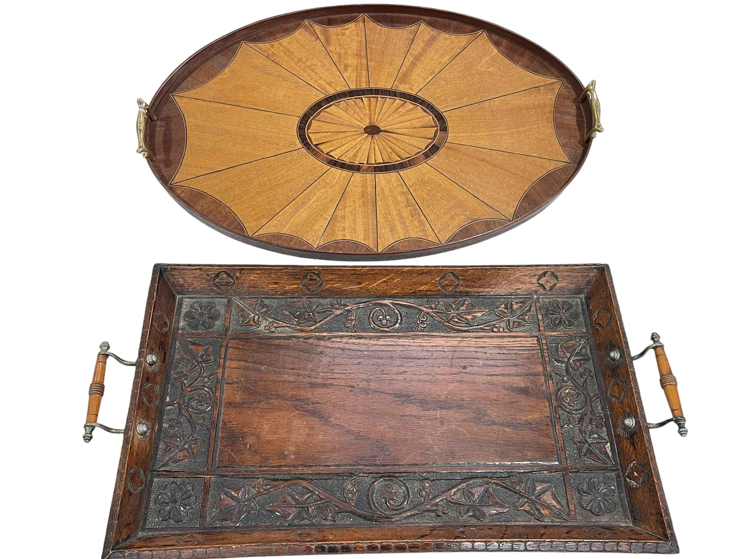 Edwardian inlaid tray and carved oak tray.
