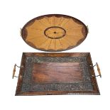 Edwardian inlaid tray and carved oak tray.