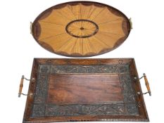 Edwardian inlaid tray and carved oak tray.